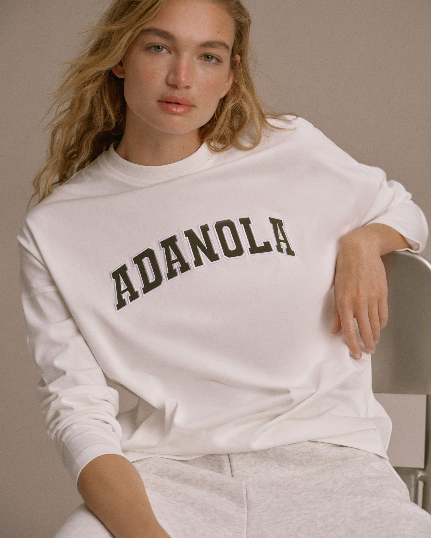 Varsity Long Sleeve Drop Shoulder T-shirt - White/Dark Olive