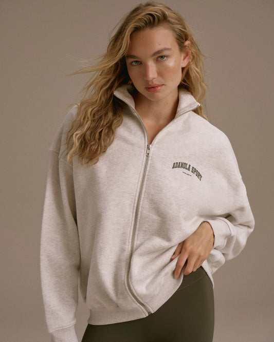 AS Oversized Full Zip Funnel Neck Sweatshirt - Light Grey Melange/Dark Olive