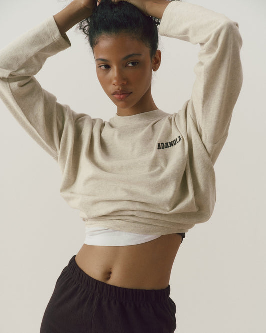 Varsity Long Sleeve Drop Shoulder T-shirt - Oat Melange/Coffee Bean