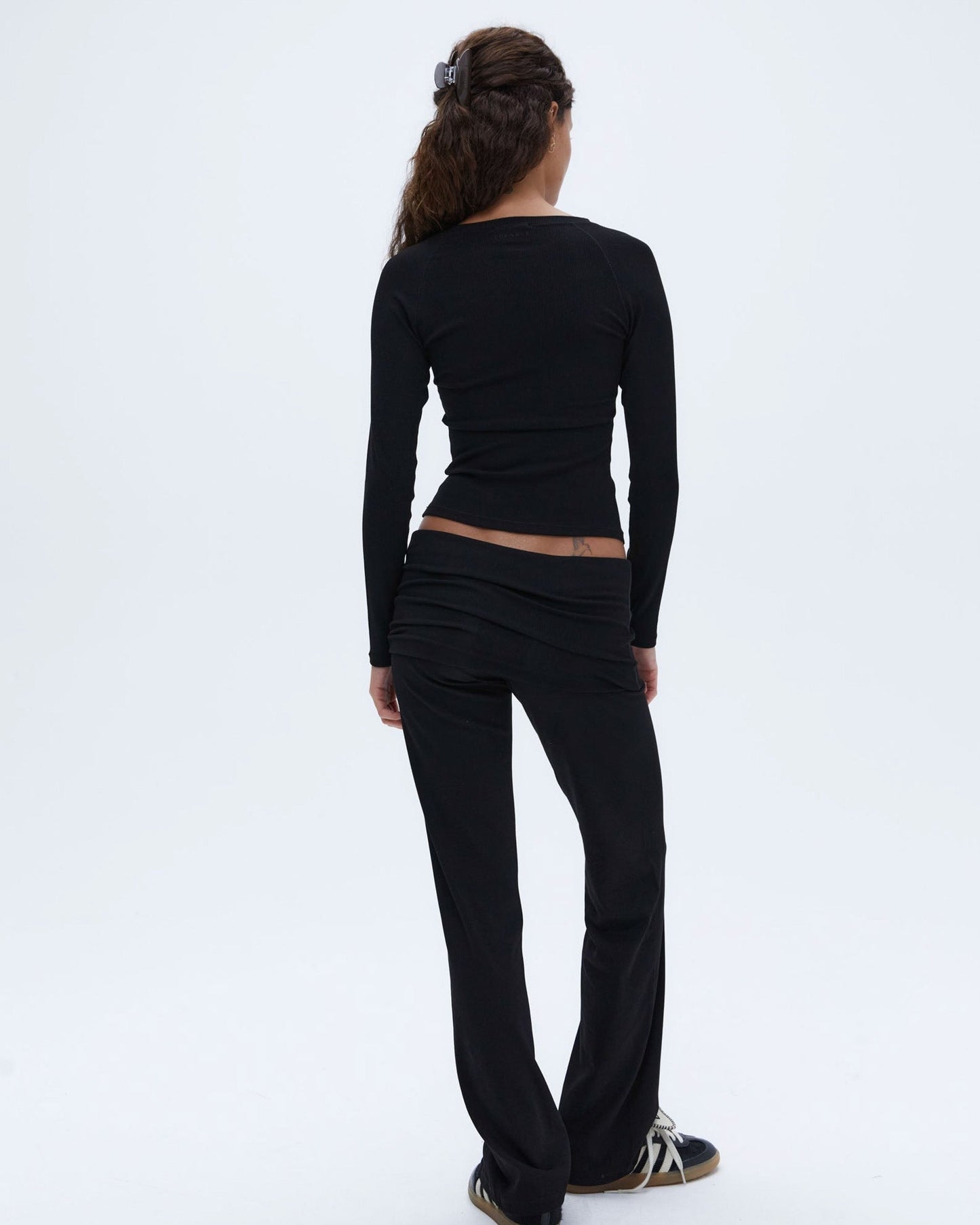 Rib Fold Over Pants - Black