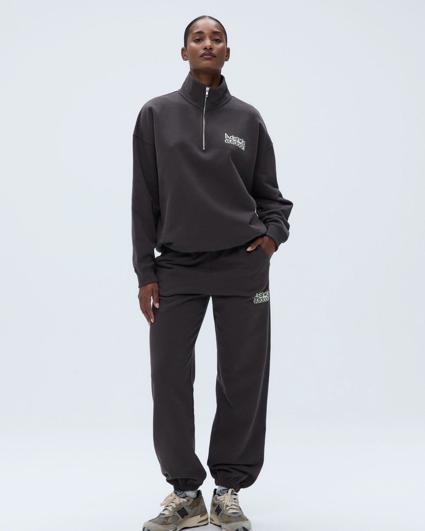 Trail Oversized Funnel Neck Zip Sweatshirt - Washed Coffee Bean/Marshmallow White