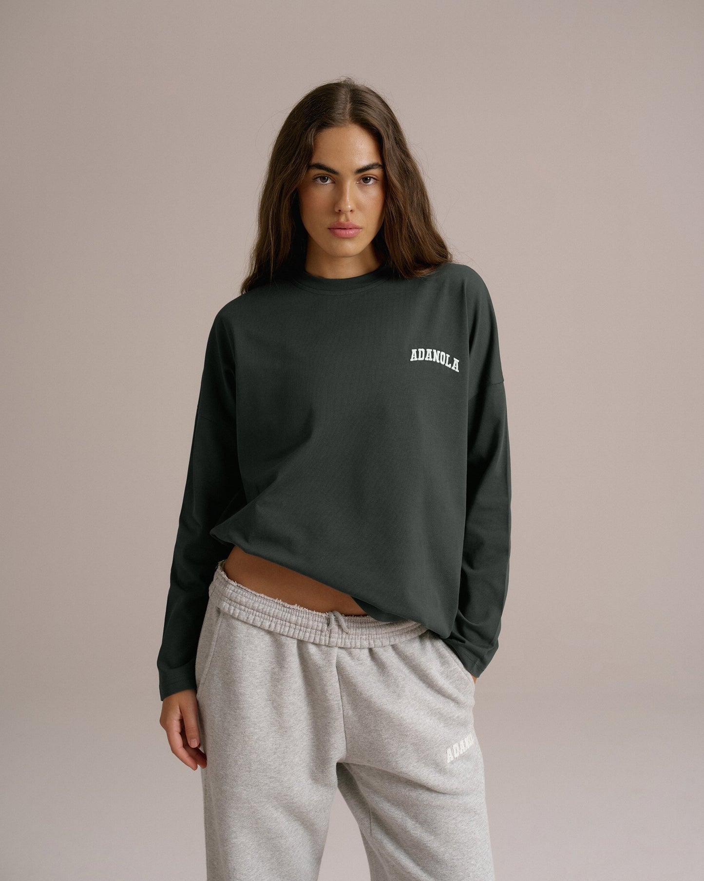 Varsity Long Sleeve Drop Shoulder T-shirt - Moss Green/Marshmallow White