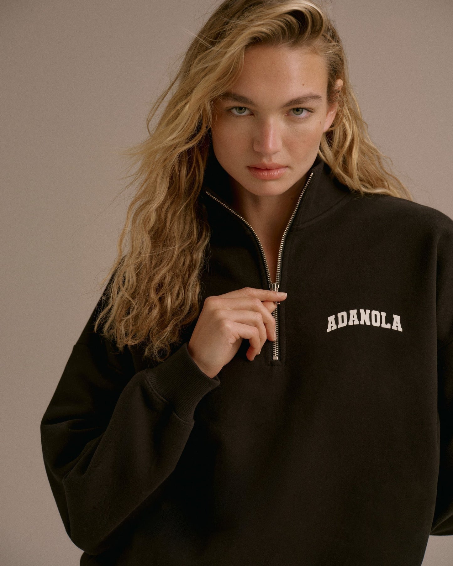 Varsity Oversized Funnel Neck Zip Sweatshirt - Black/Marshmallow White