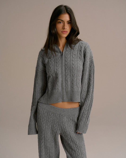 Cable Knit Zip Hoodie - Dark Grey Melange