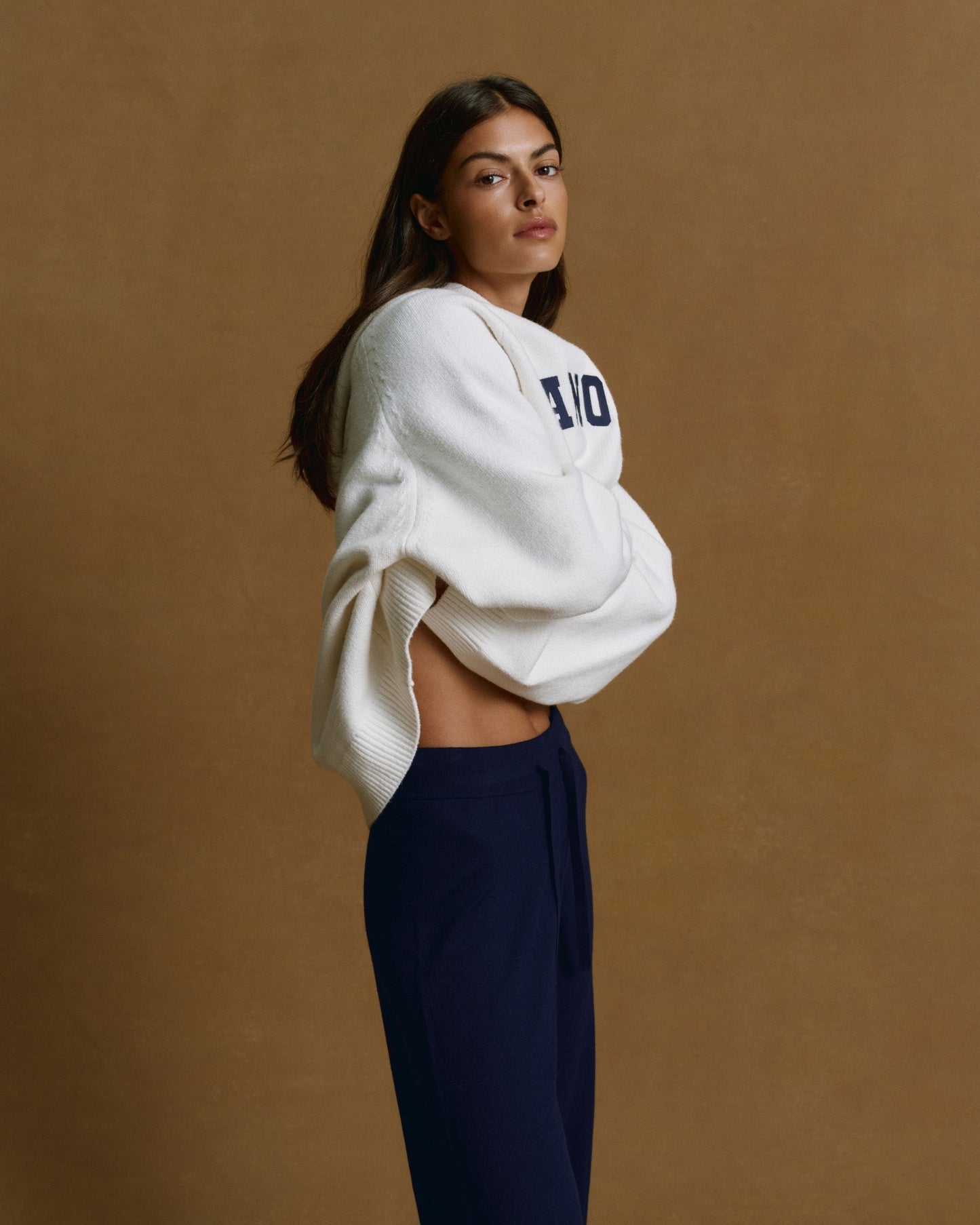 Varsity Oversized Knit Hoodie - Cream/Navy Blue